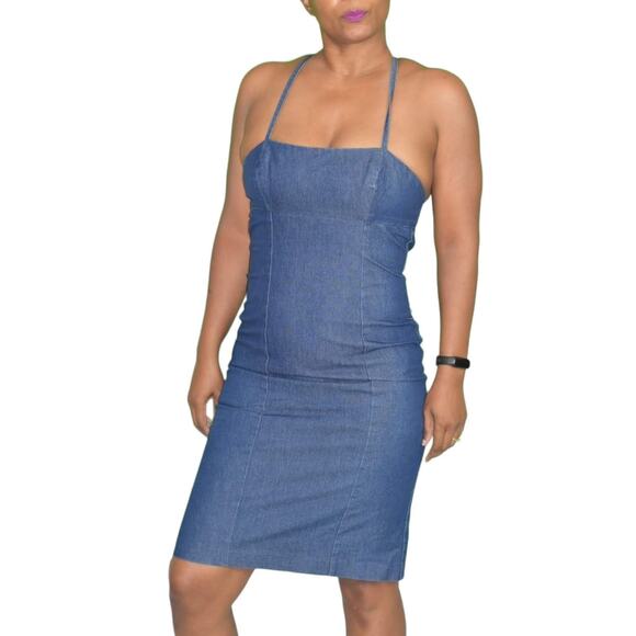Vintage Guess Denim Dress Blue Jean Bodycon Pencil Halter Back Ties Size Small - Picture 15 of 15